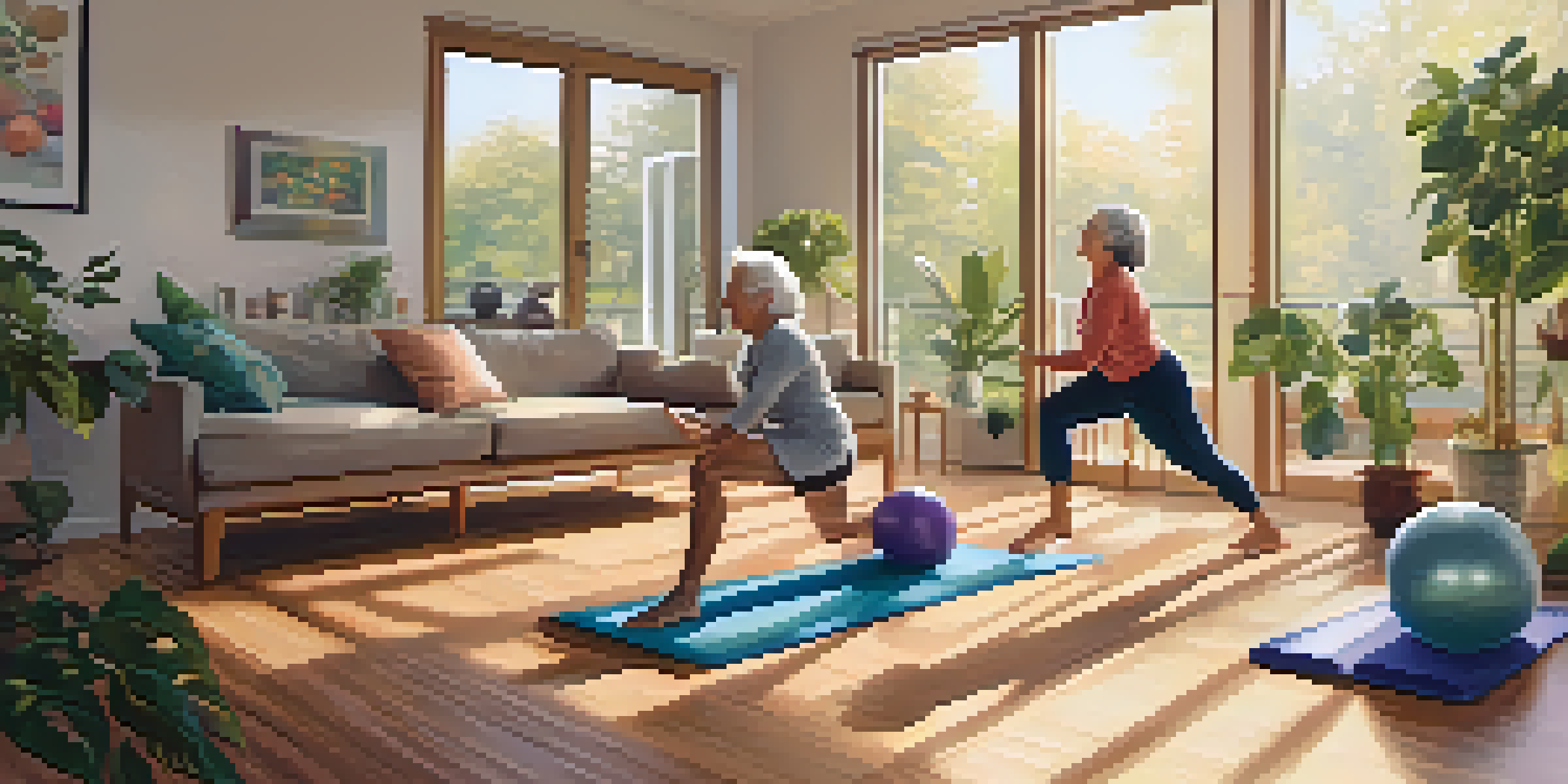 An elderly couple exercising together in a sunny living room, smiling and surrounded by fitness equipment.