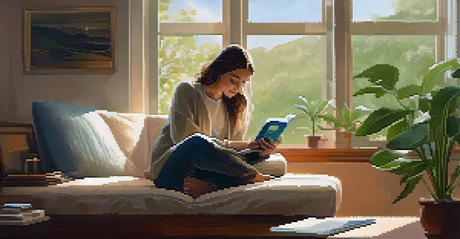 A person reading a book in a cozy room, with a smartphone face down on a table, representing a digital detox.