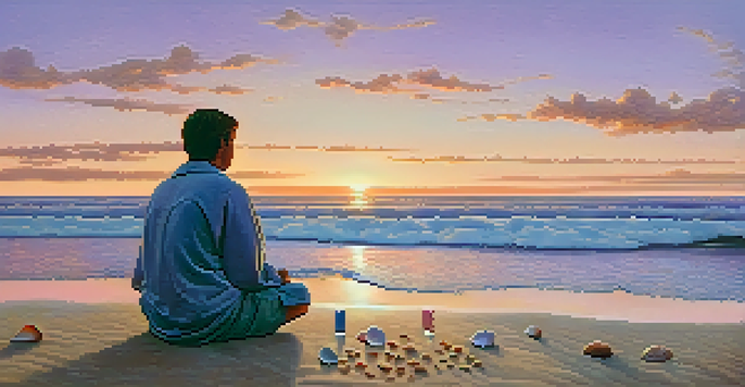 A tranquil beach at sunset with a traveler meditating on the sand, surrounded by seashells and colorful sky reflections.