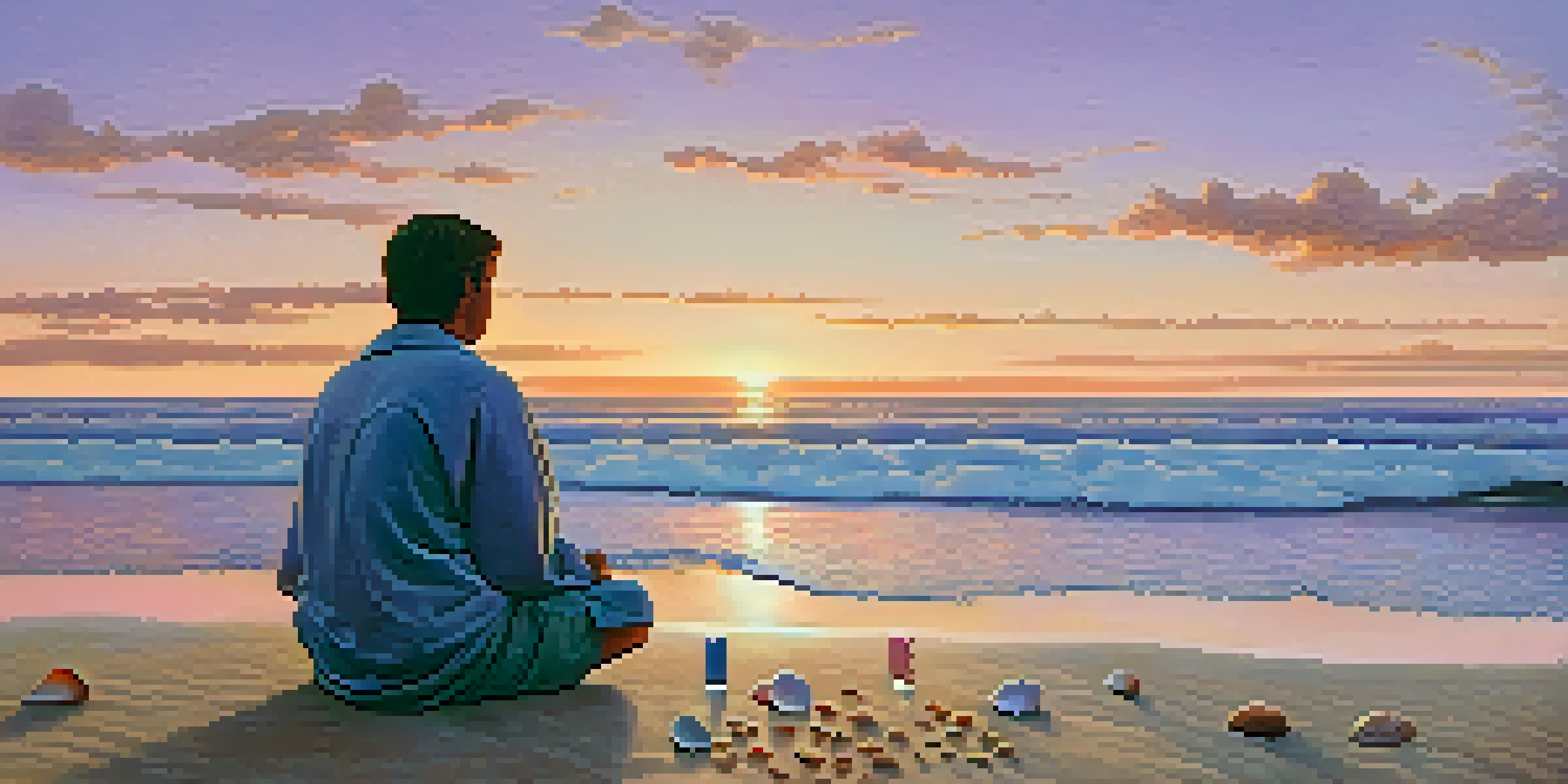 A tranquil beach at sunset with a traveler meditating on the sand, surrounded by seashells and colorful sky reflections.
