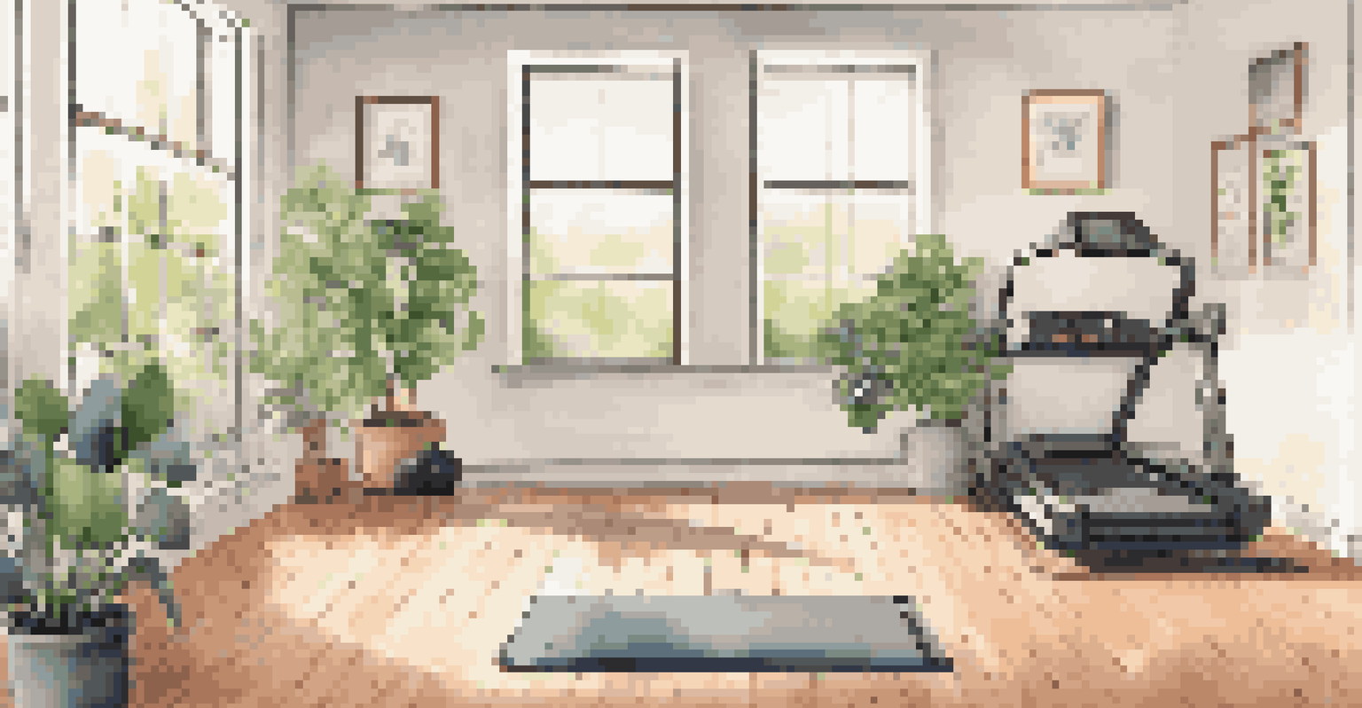 A home gym with a yoga mat, dumbbells, and a fitness tracker, illuminated by natural light through a window.
