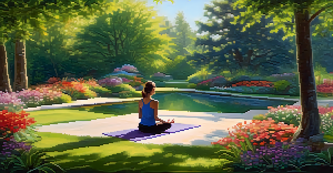 A person practicing yoga in a vibrant garden with flowers and a small pond, representing mindfulness and tranquility.
