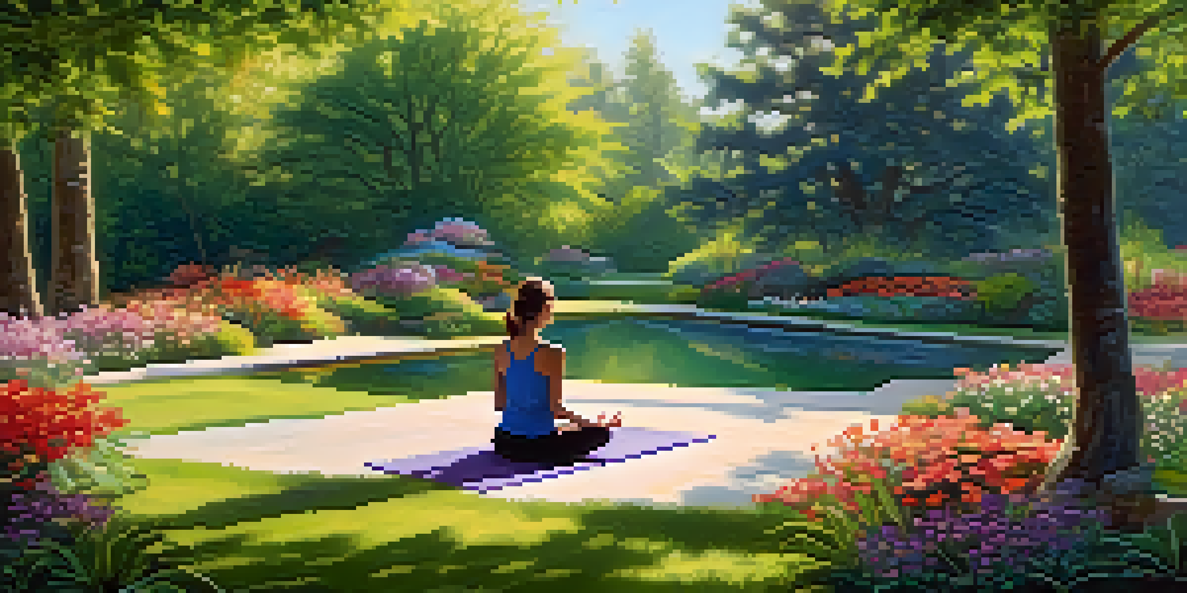 A person practicing yoga in a vibrant garden with flowers and a small pond, representing mindfulness and tranquility.