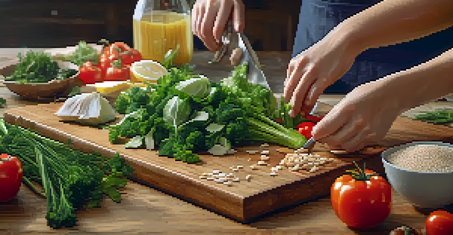 Close-up of hands chopping fresh vegetables and herbs on a wooden cutting board during a cooking workshop.