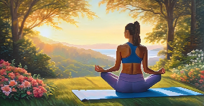 A person practicing yoga outdoors at sunrise, surrounded by greenery and flowers.
