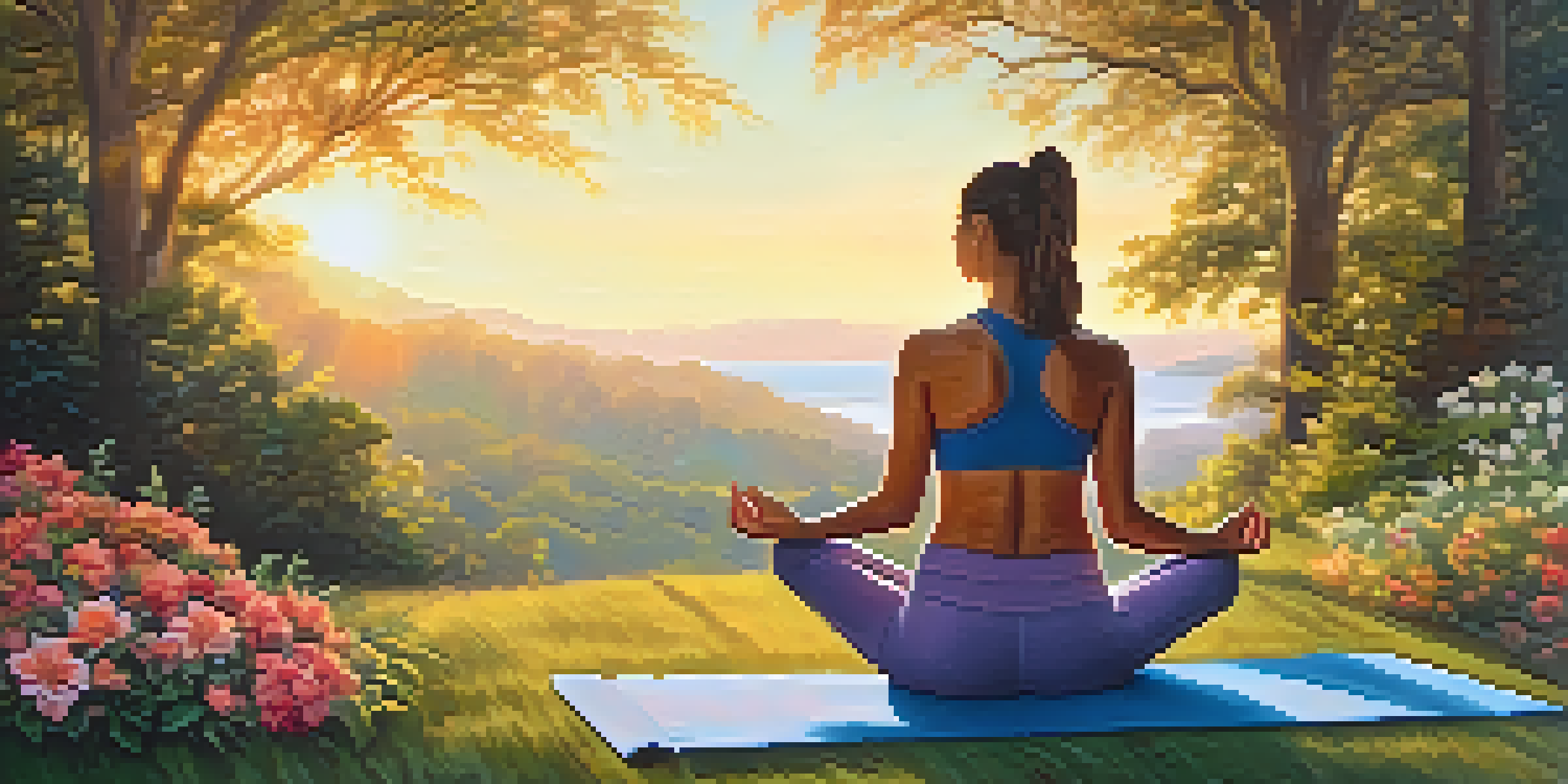 A person practicing yoga outdoors at sunrise, surrounded by greenery and flowers.