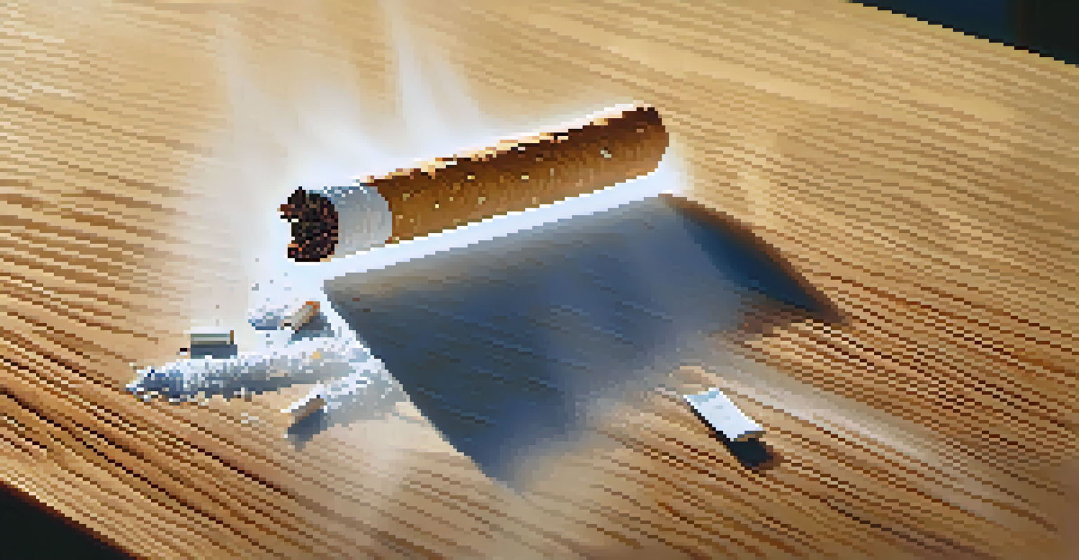 A broken cigarette on a wooden table, illuminated by sunlight streaming in through a window, symbolizing quitting smoking.