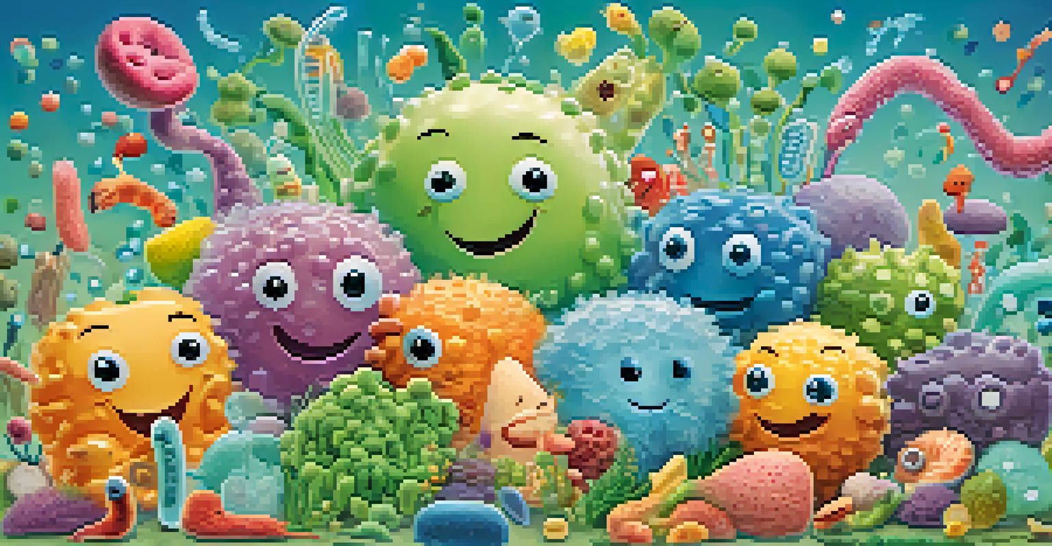 Colorful cartoon-like bacteria characters interacting in a soft blue and green background, representing a healthy gut microbiome.