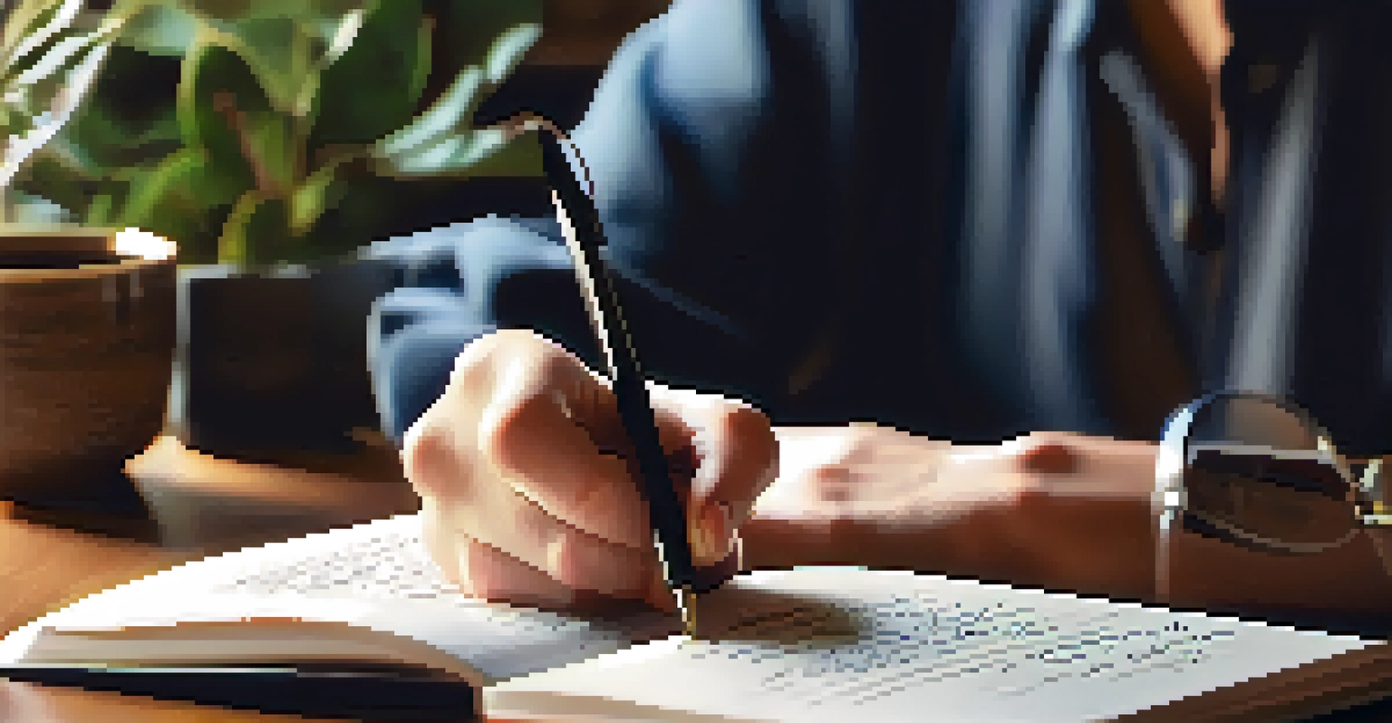 Close-up of hands writing in a journal with a fountain pen, coffee cup nearby, and a plant in the background, under warm lighting.