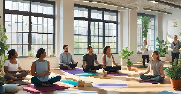 A group of diverse employees participating in a stress management workshop in a bright office with plants and yoga mats.