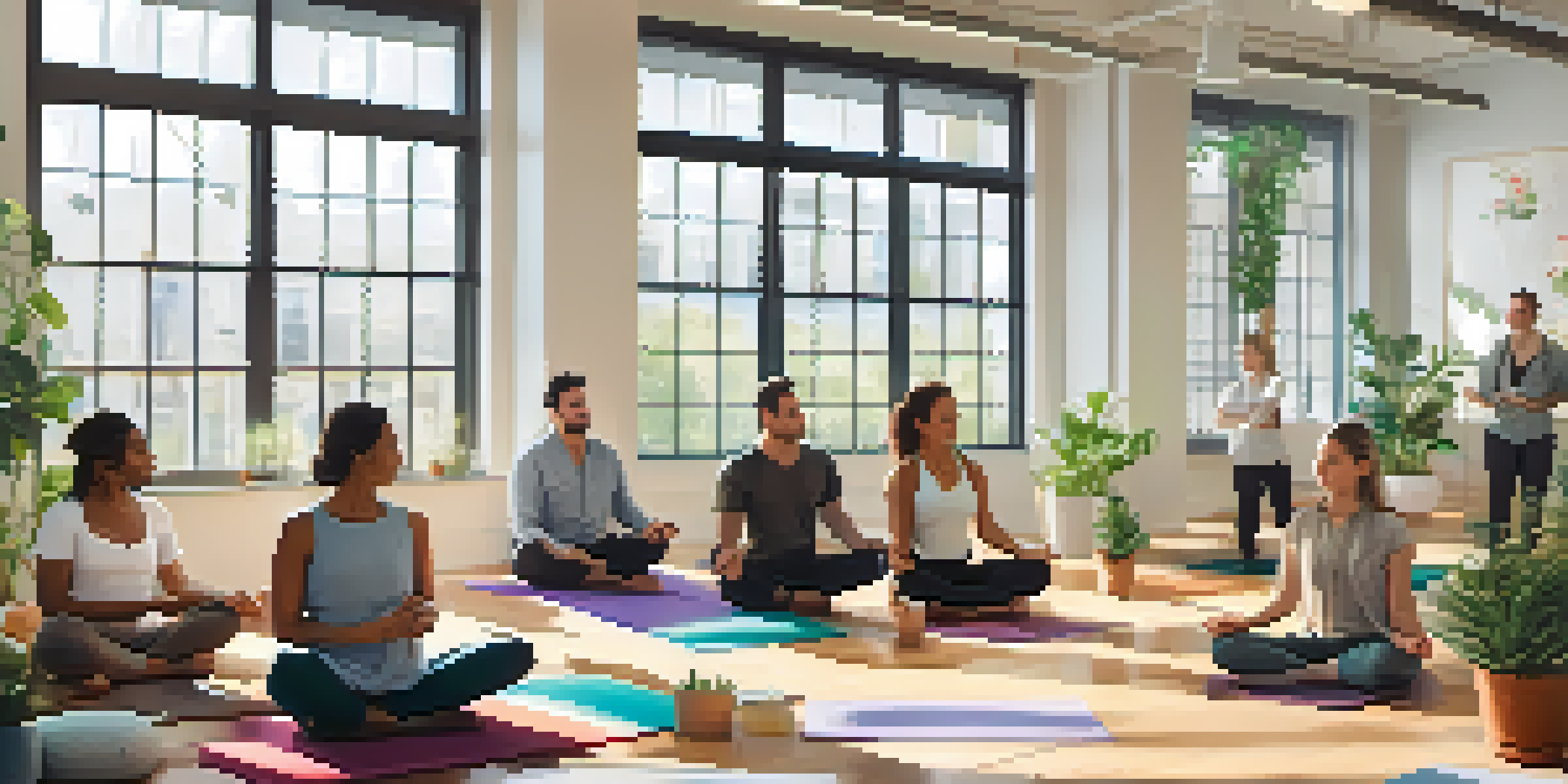 A group of diverse employees participating in a stress management workshop in a bright office with plants and yoga mats.