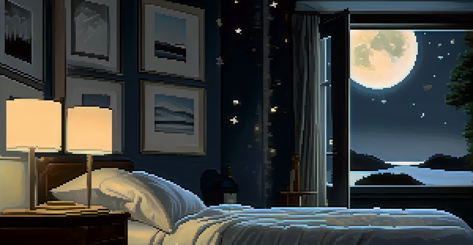 A serene nighttime scene of a person sleeping peacefully, with a starry sky and soft moonlight illuminating the room.