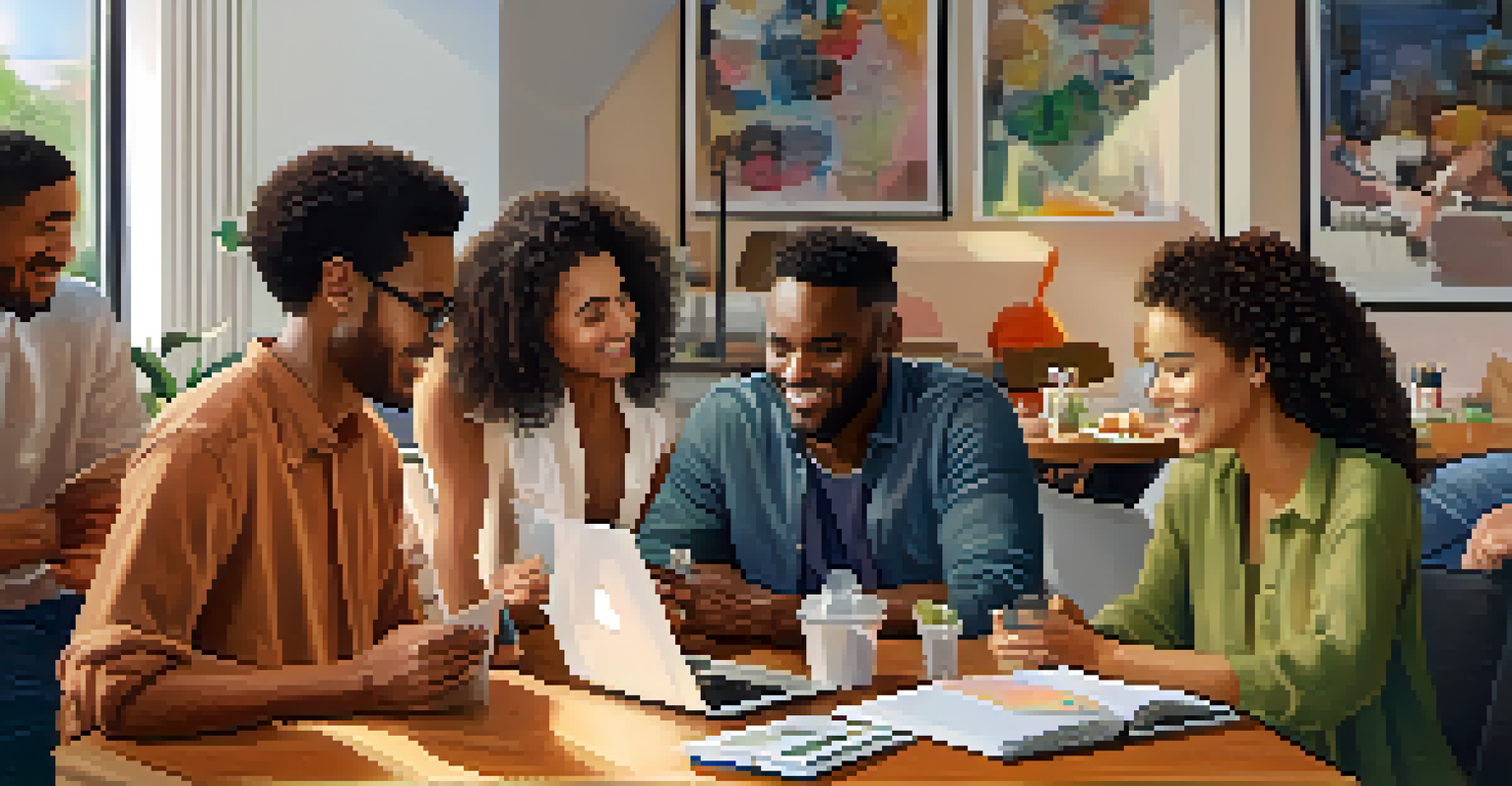 A diverse group of friends discussing financial strategies around a table, with notebooks and laptops in a bright, inviting setting filled with snacks and drinks.