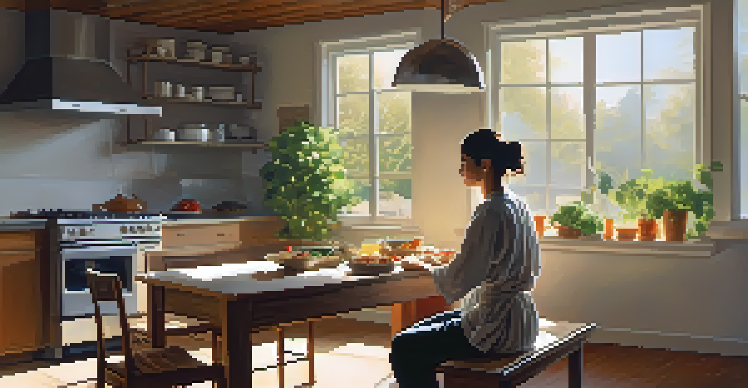 A person meditating at a dining table before a meal, creating a calm and mindful atmosphere.