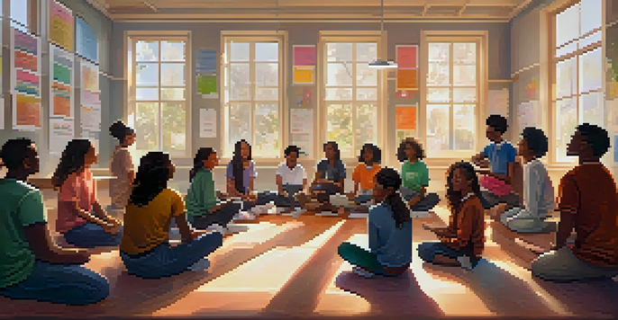 A diverse group of students in a bright classroom participating in a mental health awareness workshop, with a teacher guiding the discussion.