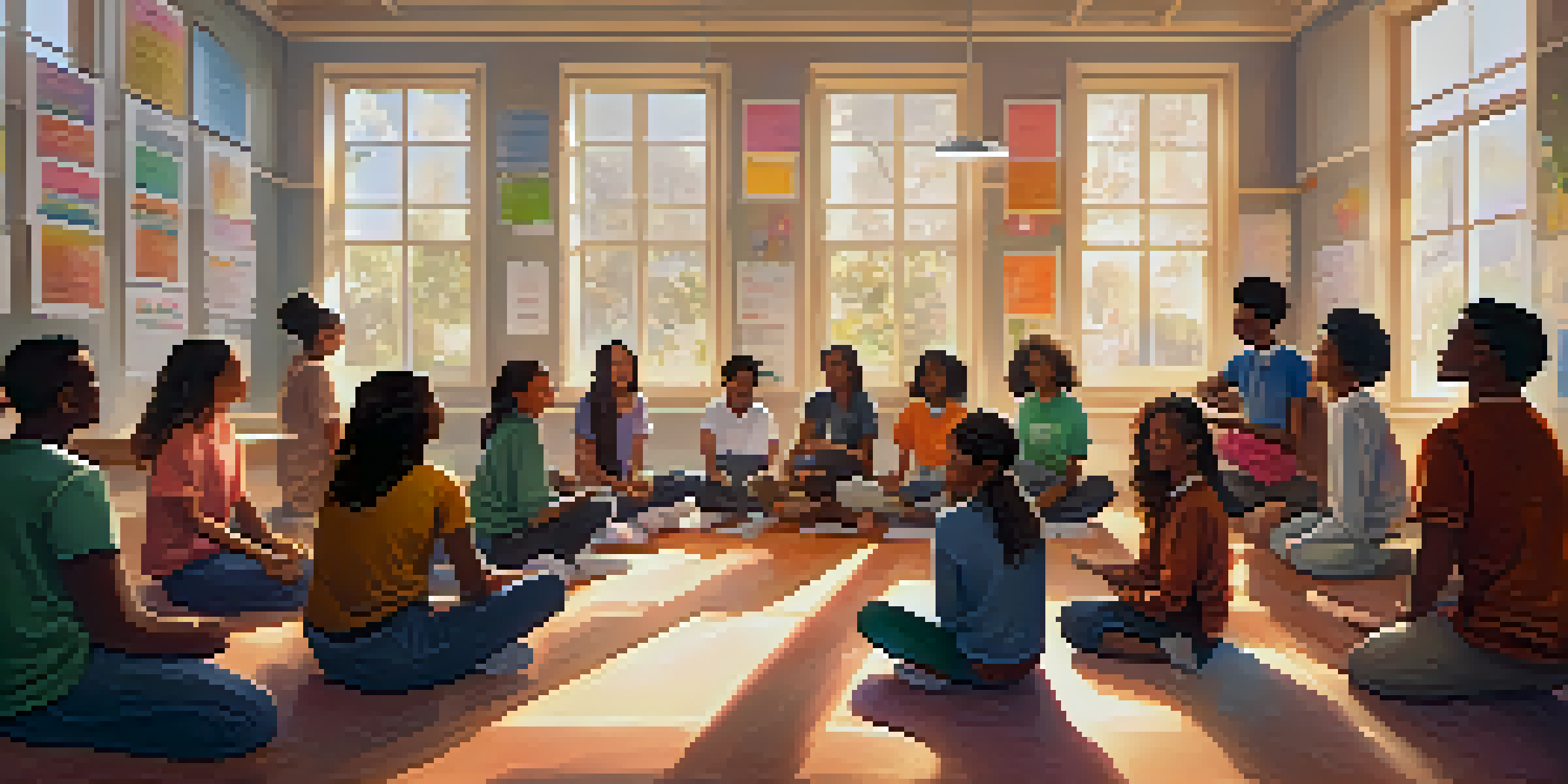 A diverse group of students in a bright classroom participating in a mental health awareness workshop, with a teacher guiding the discussion.