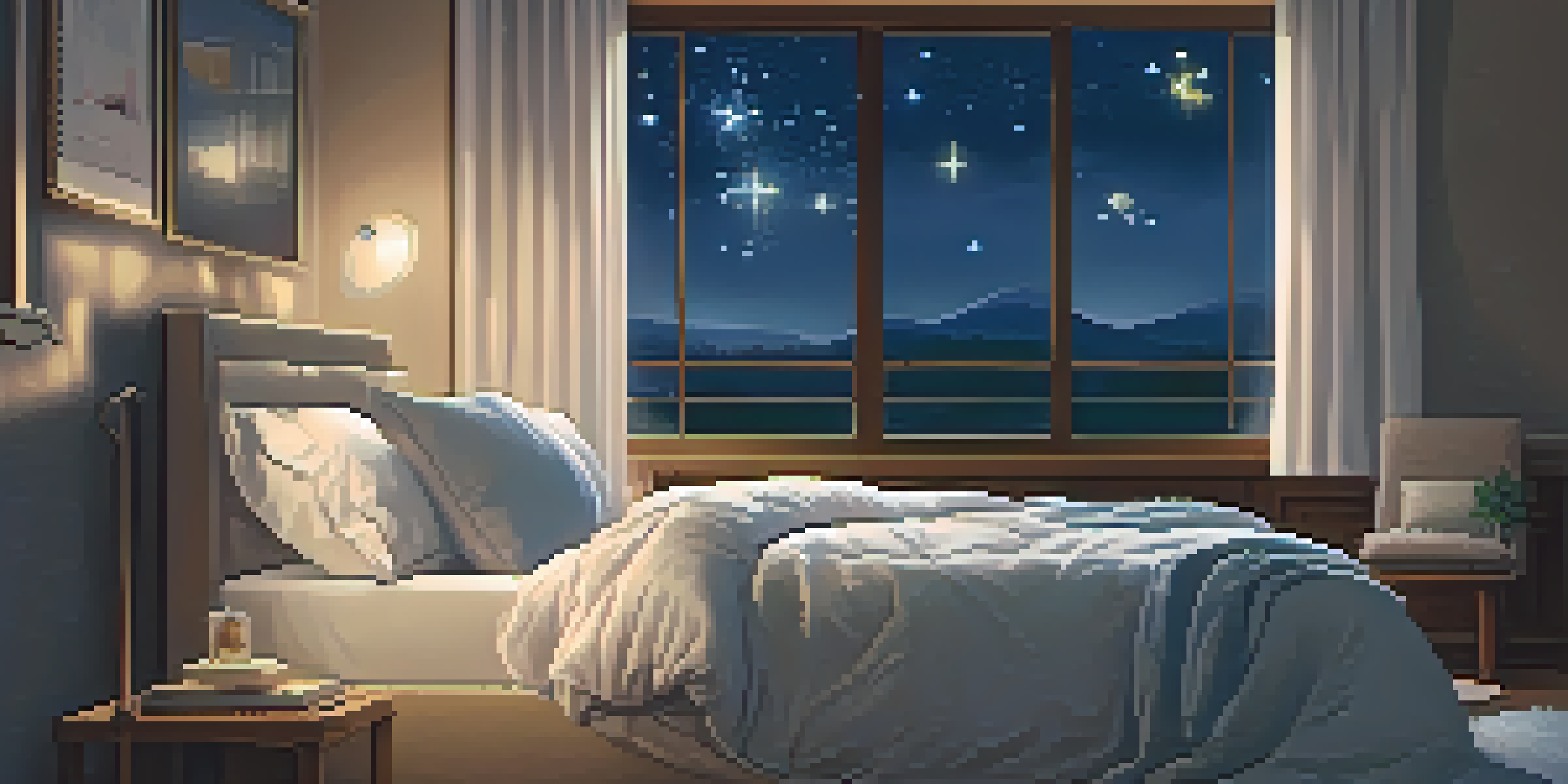 A cozy bedroom at night with a comfortable bed, a bedside table with a clock, and a starry sky visible through the window.