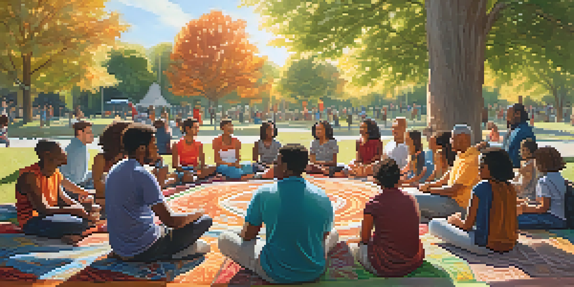 A diverse group of people sitting in a circle at a park, sharing stories and experiences under the sunlight.