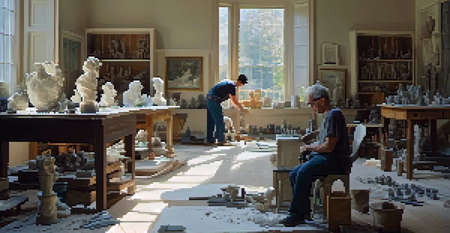 An artist in a bright studio chiseling marble, surrounded by tools and other sculptures.