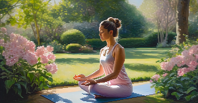 A woman practicing yoga in a bright garden filled with flowers and greenery, radiating peace and serenity.