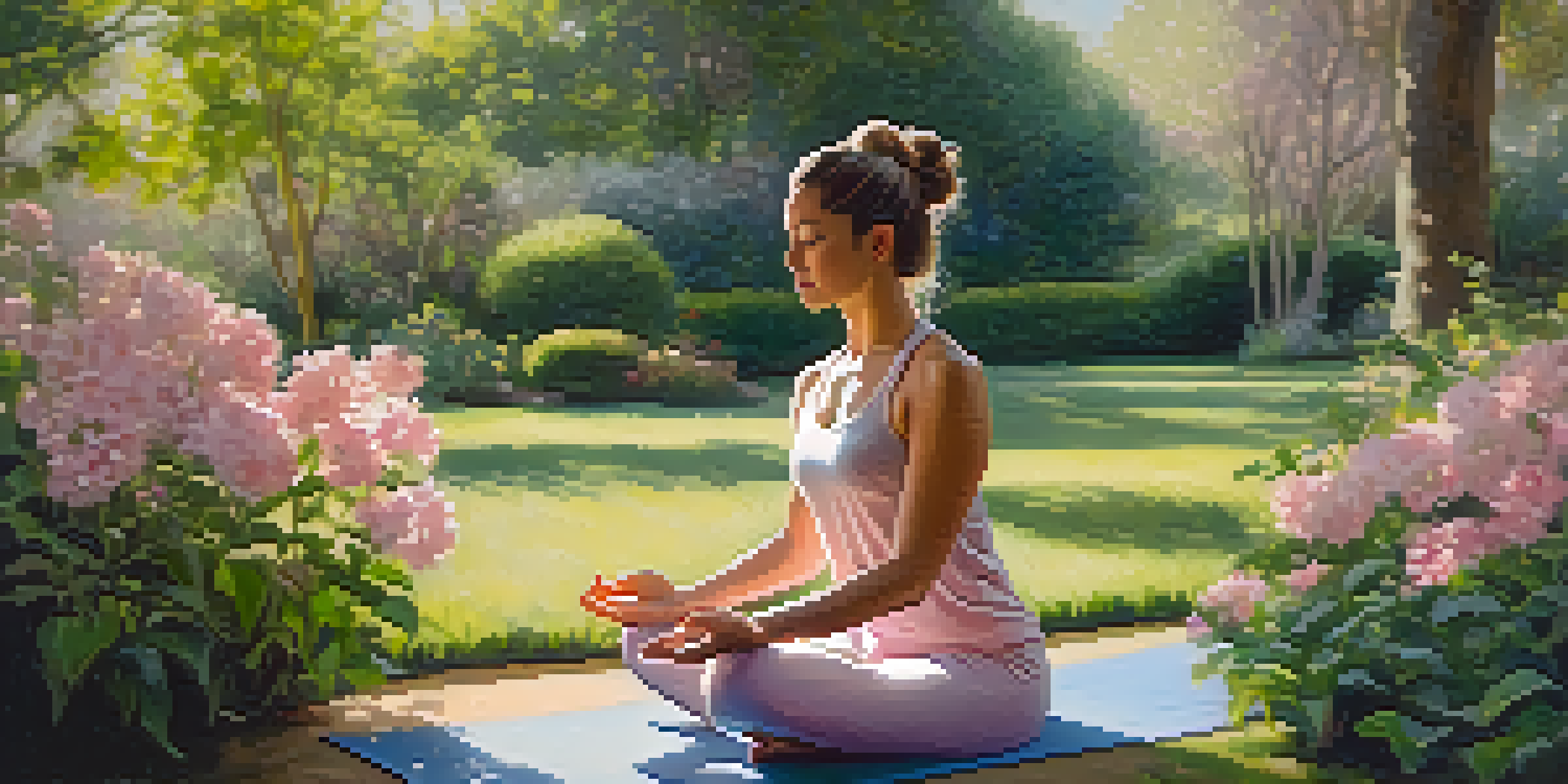 A woman practicing yoga in a bright garden filled with flowers and greenery, radiating peace and serenity.