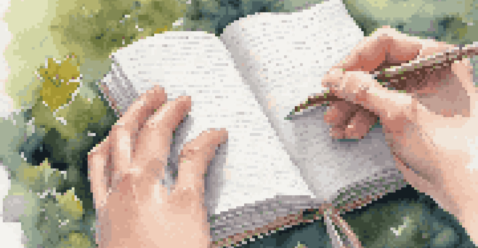 Close-up of hands holding an open gratitude journal filled with handwritten notes of appreciation, with a blurred peaceful garden in the background.