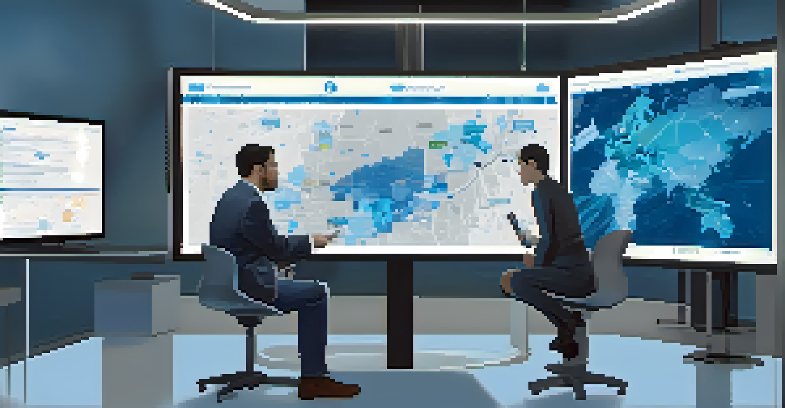 A digital dashboard showcasing real-time data and maps used for crisis intervention, with professionals engaged with the technology.