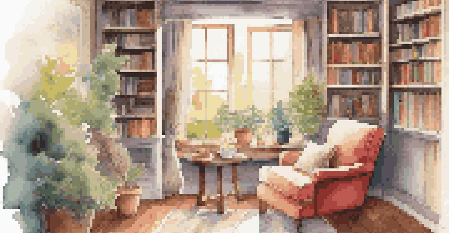 A cozy room with a chair, a cup of tea, and a bookshelf, creating a warm and inviting atmosphere.