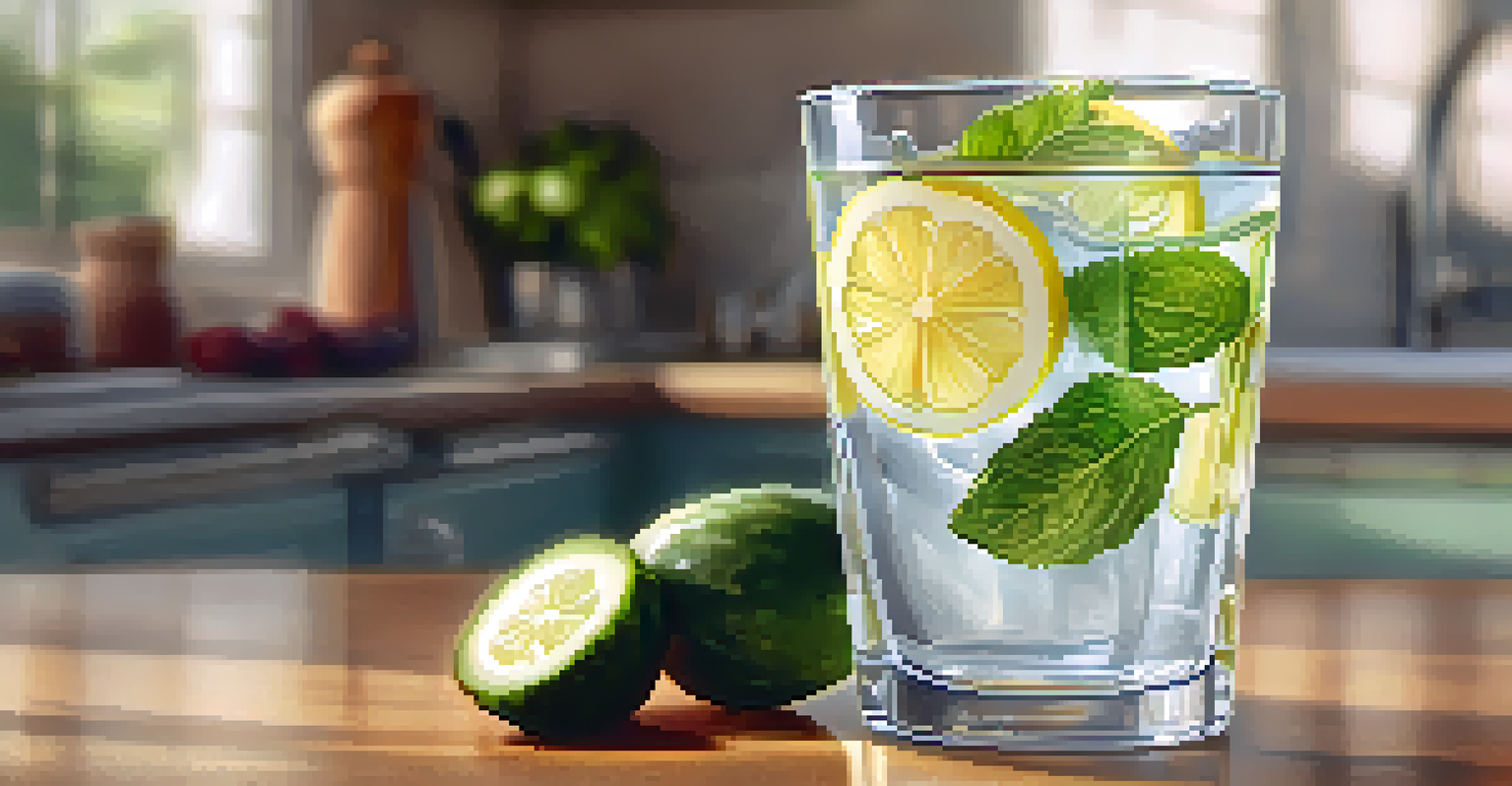 A glass of water infused with lemon, cucumber, and mint on a kitchen counter, illuminated by sunlight, showcasing the importance of hydration.