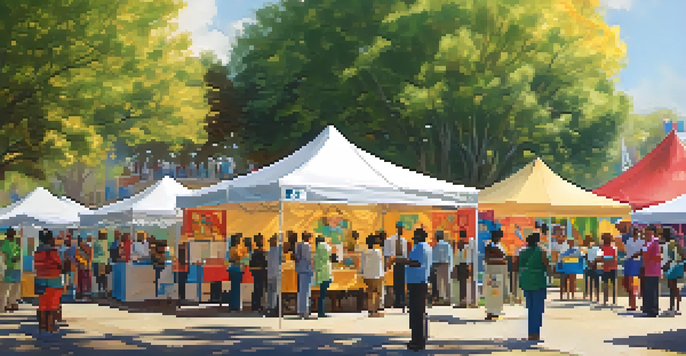A diverse group of people at a community health fair, participating in health screenings and interacting with colorful booths.