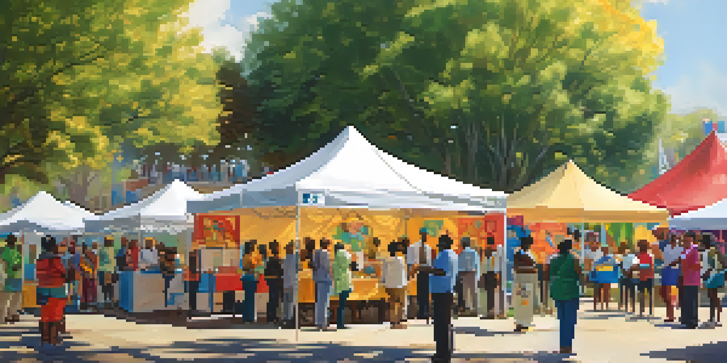 A diverse group of people at a community health fair, participating in health screenings and interacting with colorful booths.