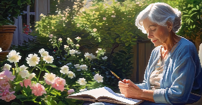 An elderly woman writing in a journal in a sunlit garden filled with flowers, looking serene and reflective.