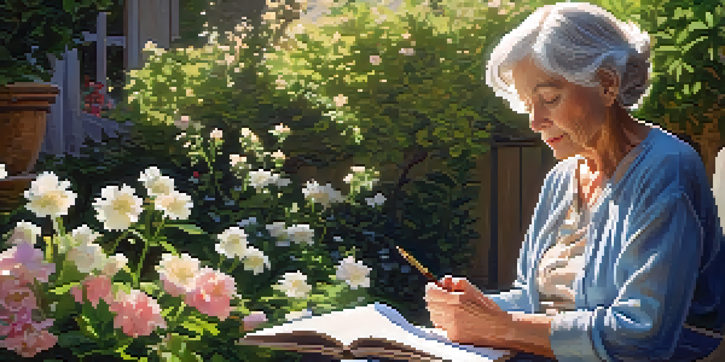 An elderly woman writing in a journal in a sunlit garden filled with flowers, looking serene and reflective.