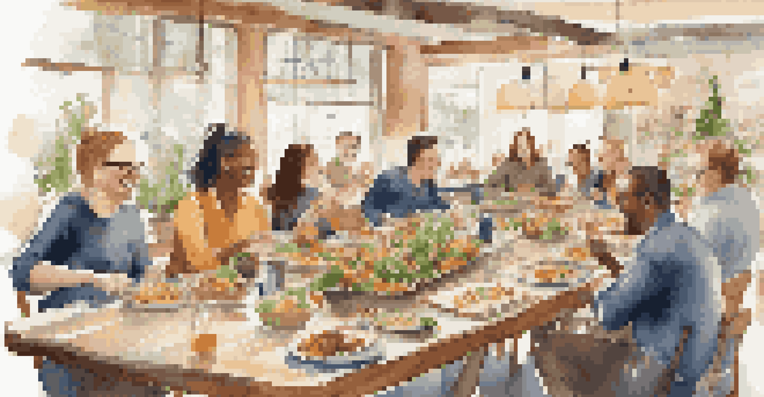 Employees enjoying a cheerful team lunch, gathered around a long table filled with food and decorations, laughing and conversing.