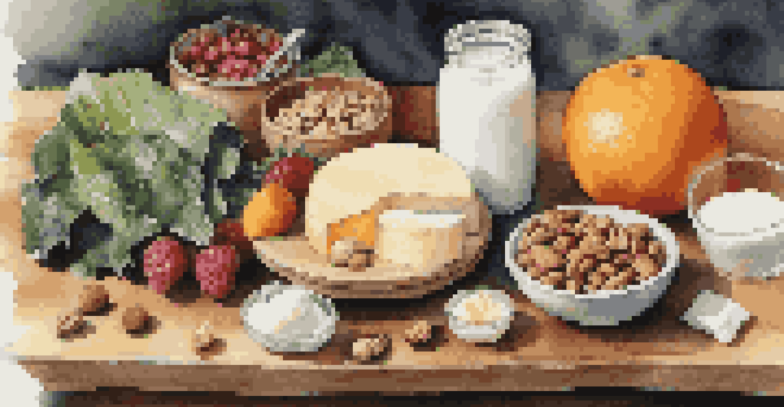 A close-up of colorful, nutrient-rich foods including dairy, greens, nuts, and fruits, emphasizing healthy nutrition.