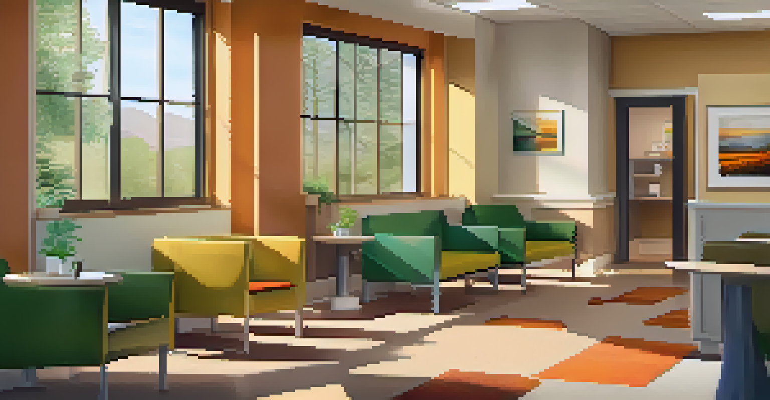 A cozy waiting area in a primary care clinic filled with comfortable chairs, warm colors, and natural light, featuring a bookshelf with mental health resources.