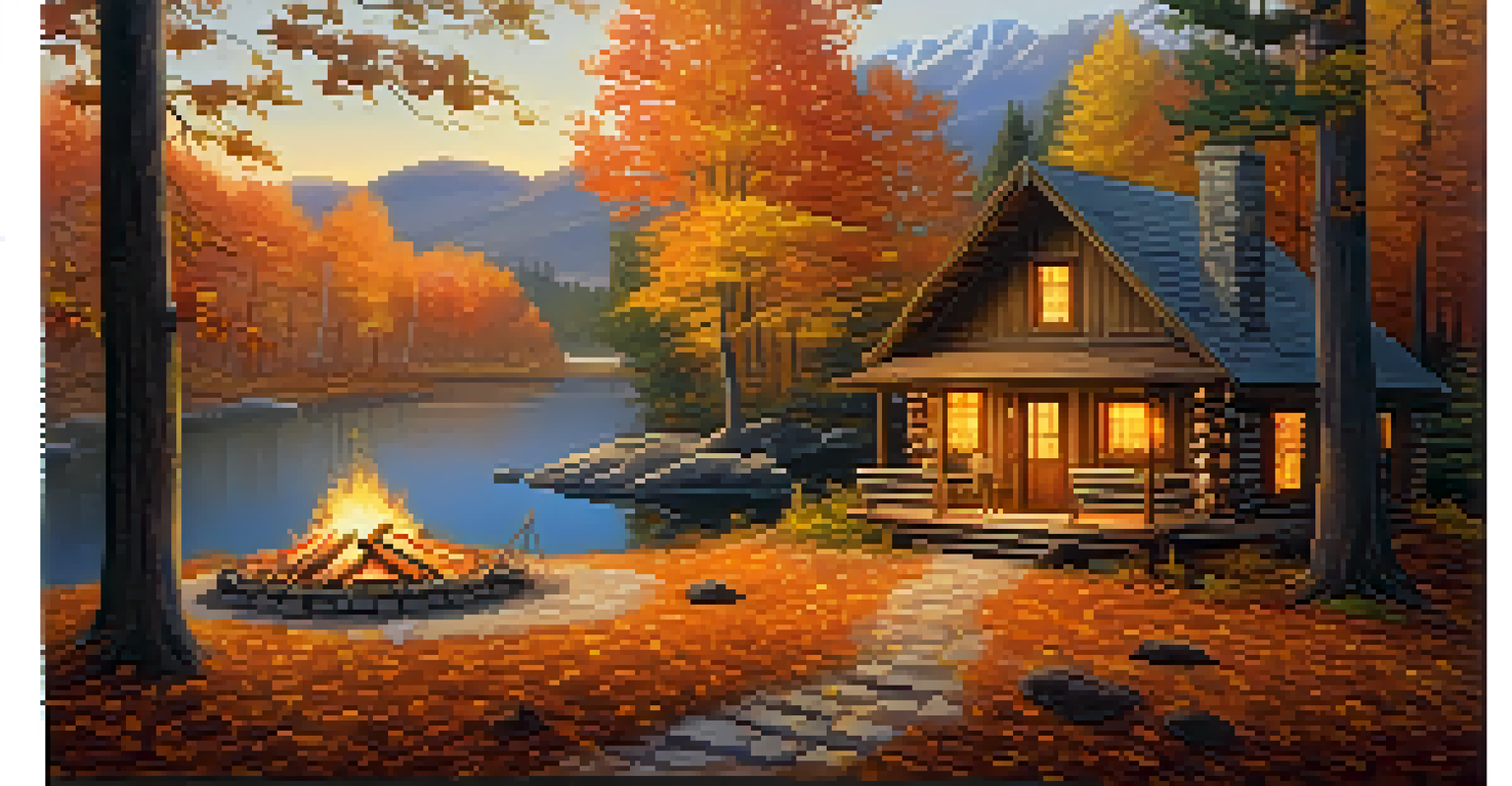 A cozy cabin in a colorful autumn forest with a fire pit, surrounded by vibrant leaves and soft sunlight.