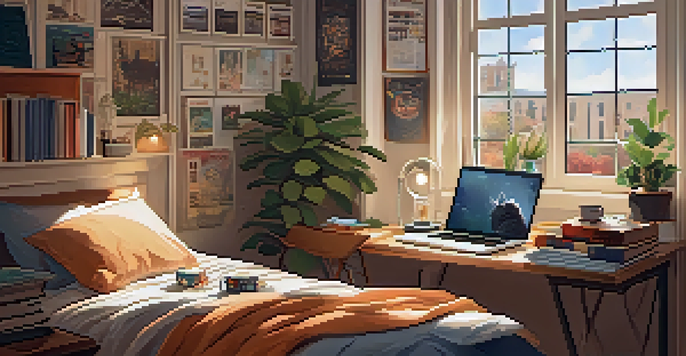 A college student studying in a dorm room with a cat on the bed, surrounded by books and a laptop, with warm lighting and decorative elements.