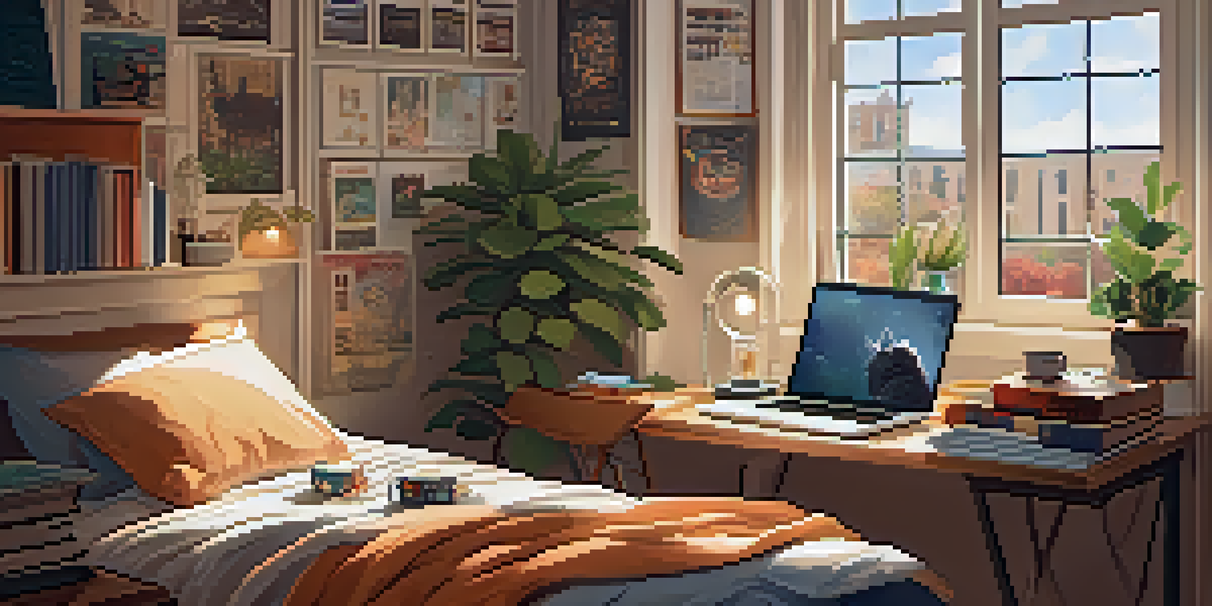 A college student studying in a dorm room with a cat on the bed, surrounded by books and a laptop, with warm lighting and decorative elements.