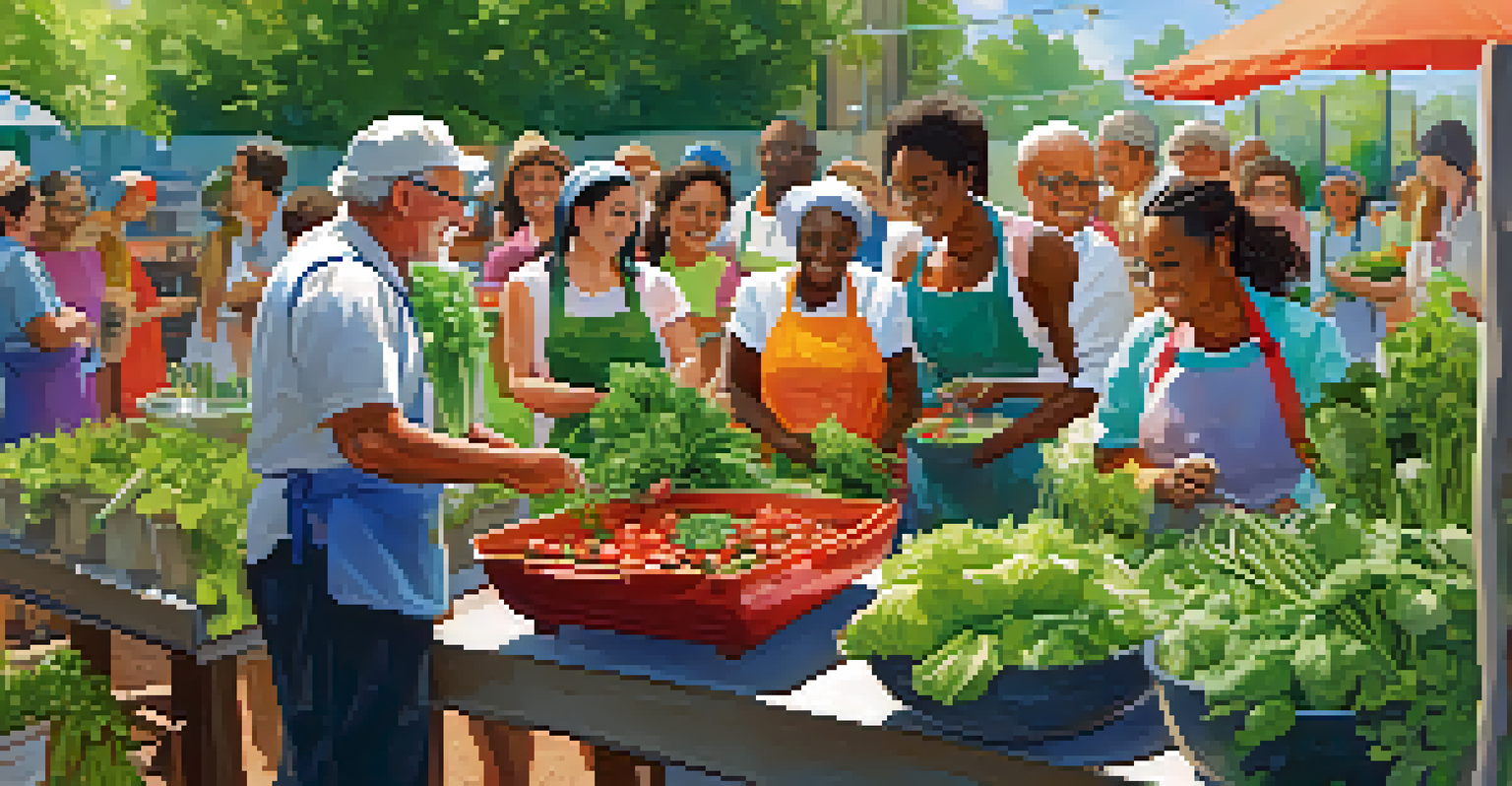 Residents participating in a cooking class in a community garden, surrounded by fresh vegetables and herbs.