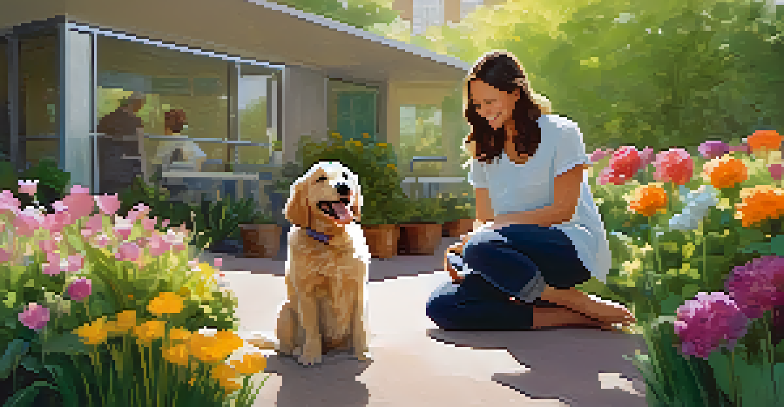 A child laughing while petting a therapy dog in a hospital garden, with a therapist nearby.