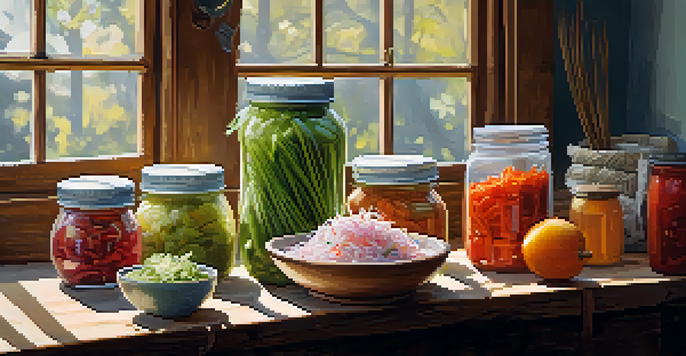 A colorful still life of various fermented foods like yogurt, sauerkraut, and kimchi on a wooden table, with soft natural light illuminating the scene.
