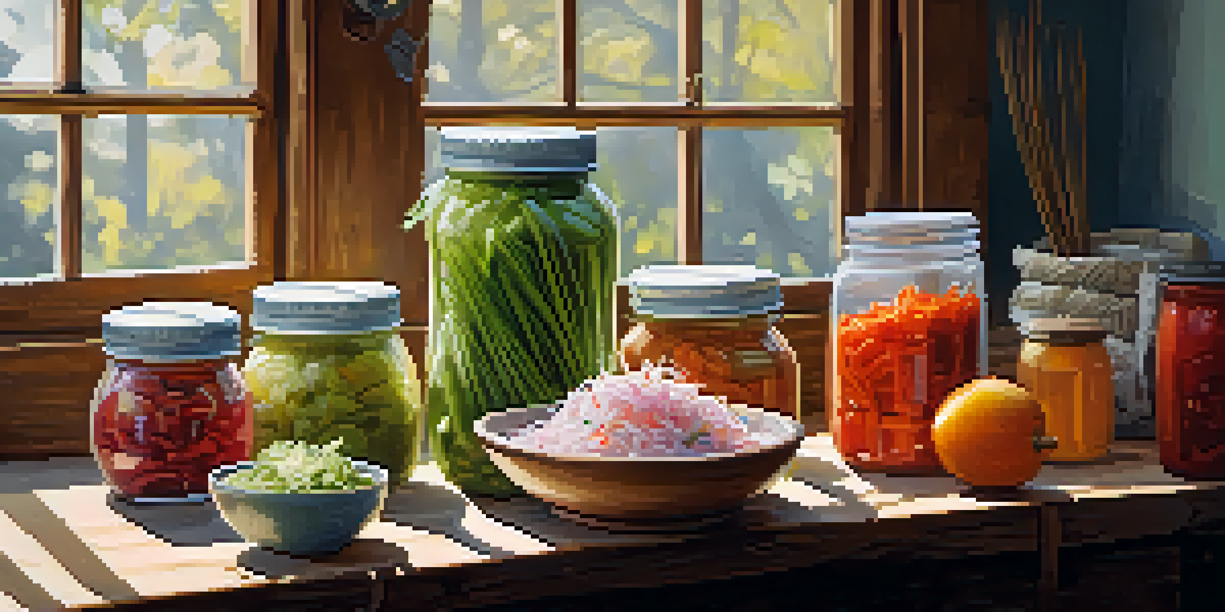 A colorful still life of various fermented foods like yogurt, sauerkraut, and kimchi on a wooden table, with soft natural light illuminating the scene.