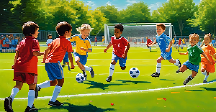 Children of different ethnicities playing soccer together in a park, with parents cheering in the background.