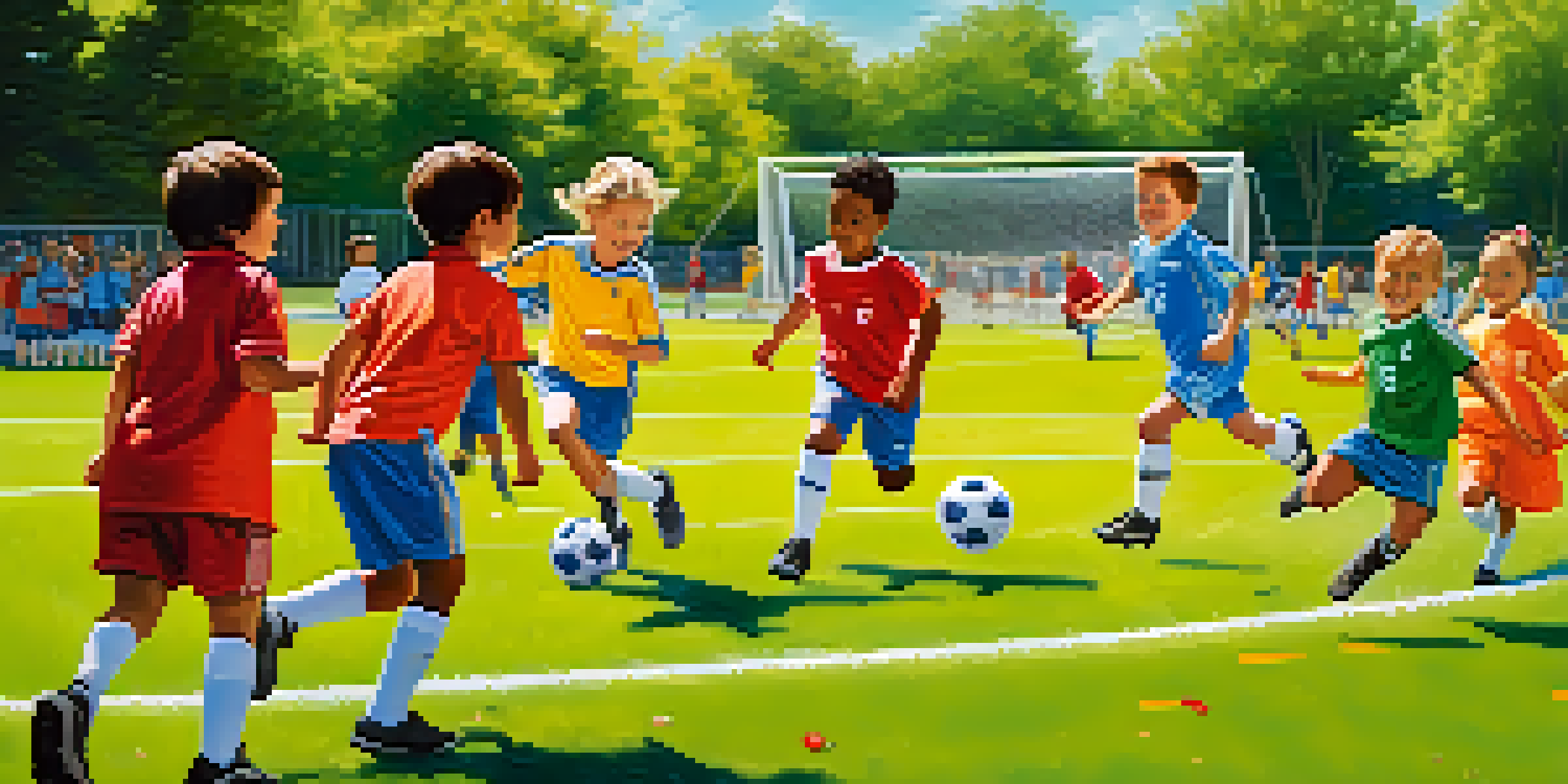Children of different ethnicities playing soccer together in a park, with parents cheering in the background.