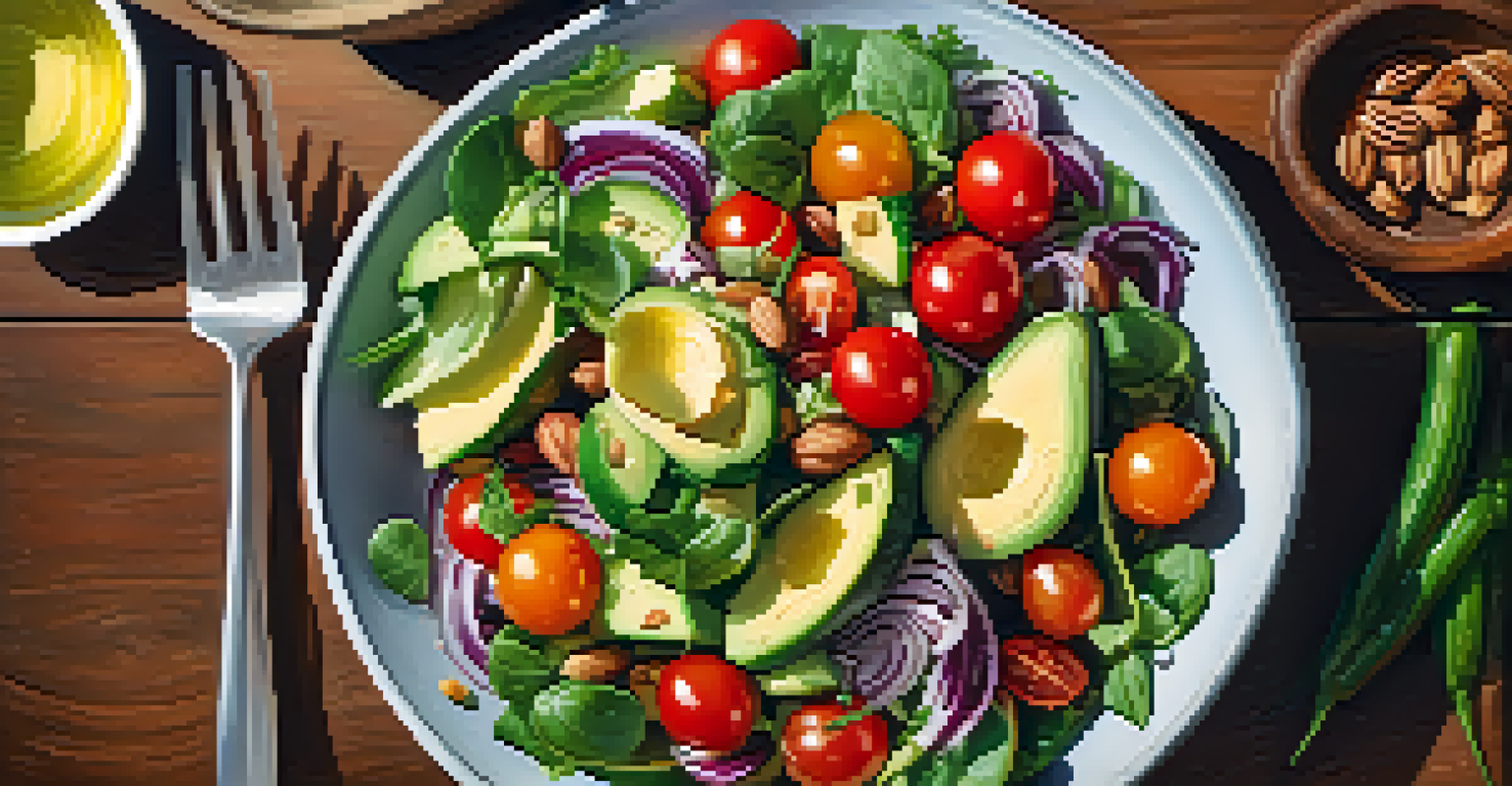 A vibrant salad with seasonal vegetables, nuts, and olive oil on a wooden table under sunlight.
