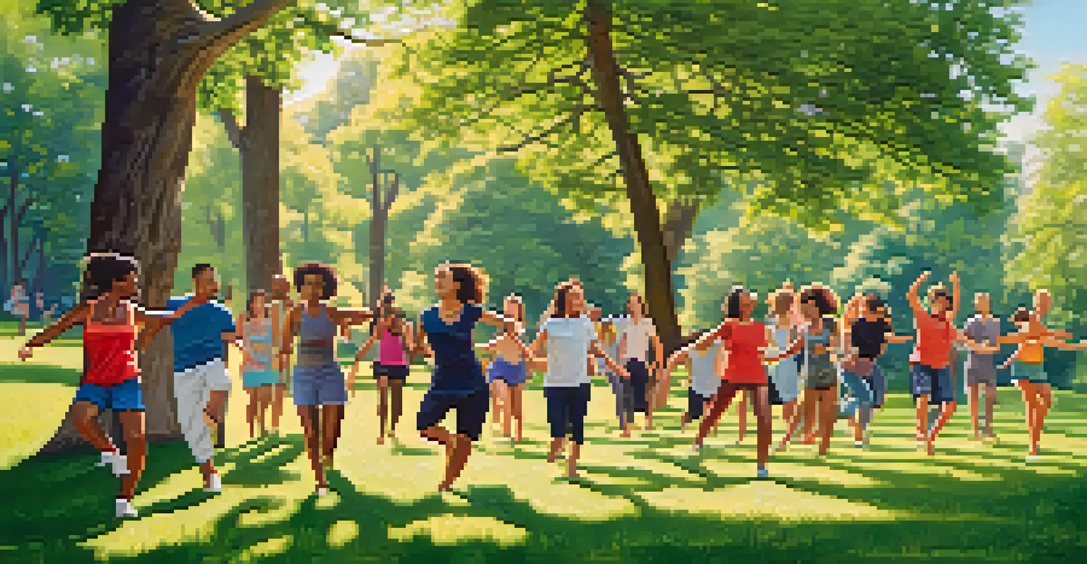 A vibrant outdoor park scene with people enjoying different physical activities like dancing, hiking, and yoga.