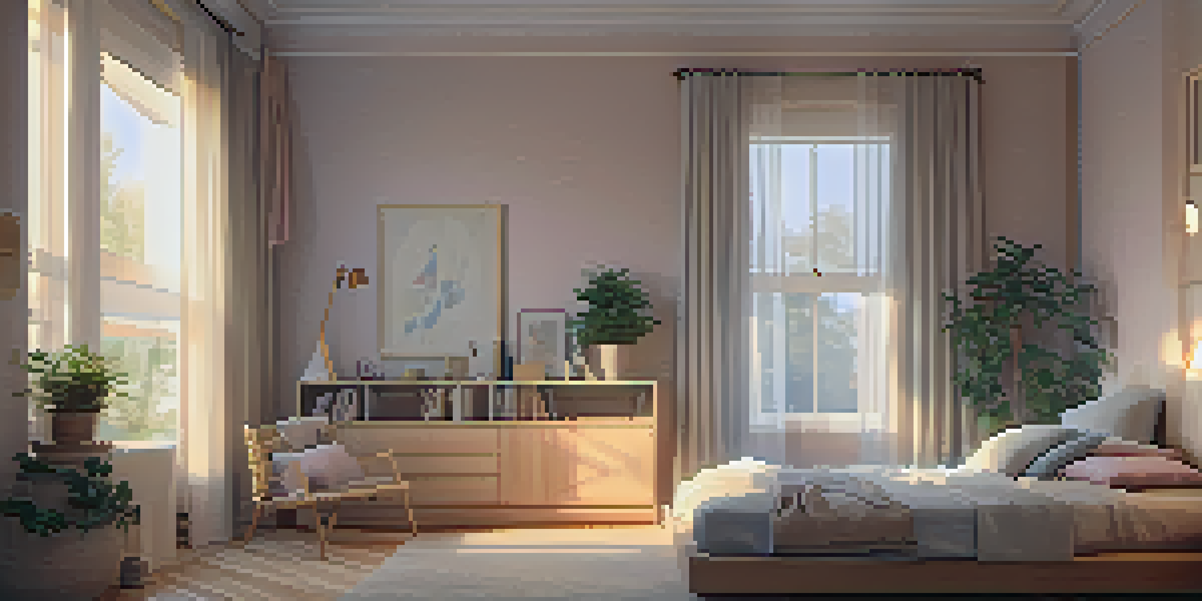 A calm and inviting bedroom with warm light, a cozy bed, and a bedside table filled with books and a plant.