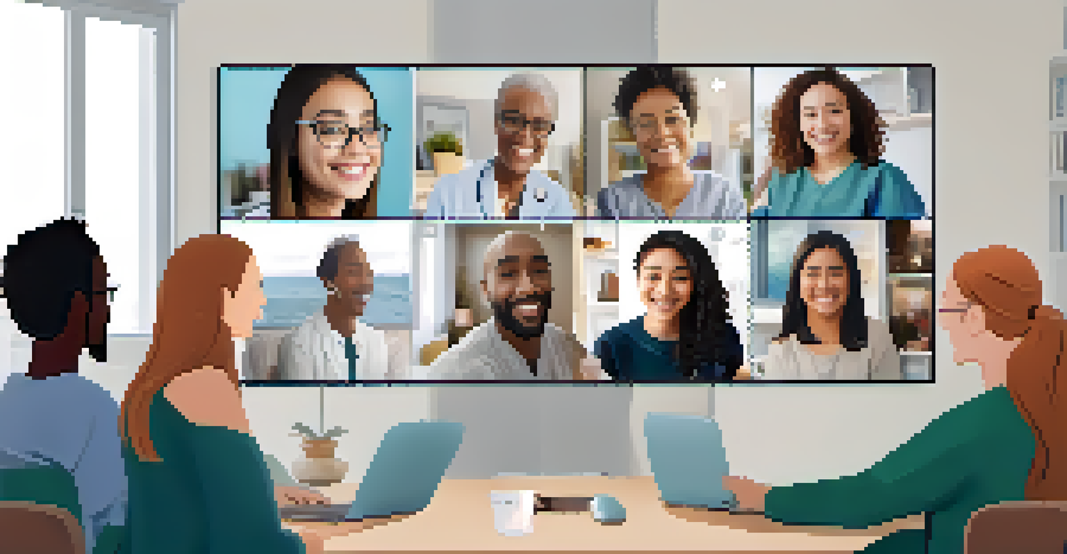 A virtual support group meeting with diverse patients smiling on a video call from their homes.