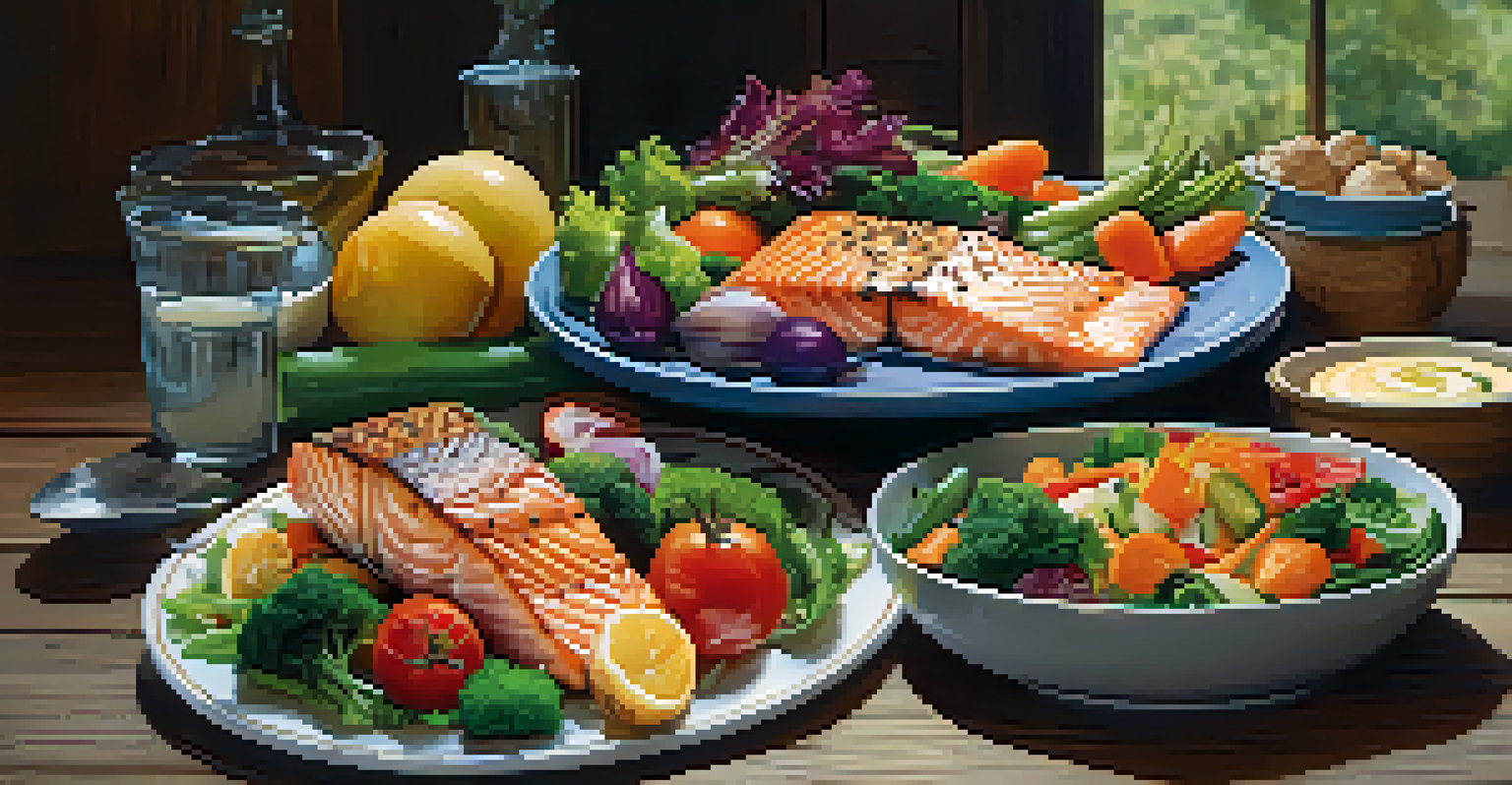 A balanced meal with grilled salmon, steamed vegetables, and salad on a rustic wooden table, illuminated by natural light.
